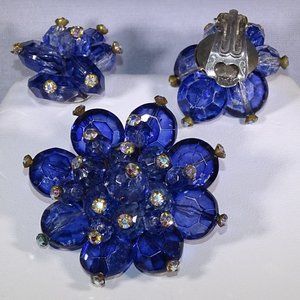 BLUE BROOCH & EARRINGS LOOK LIKE FLOWERS
